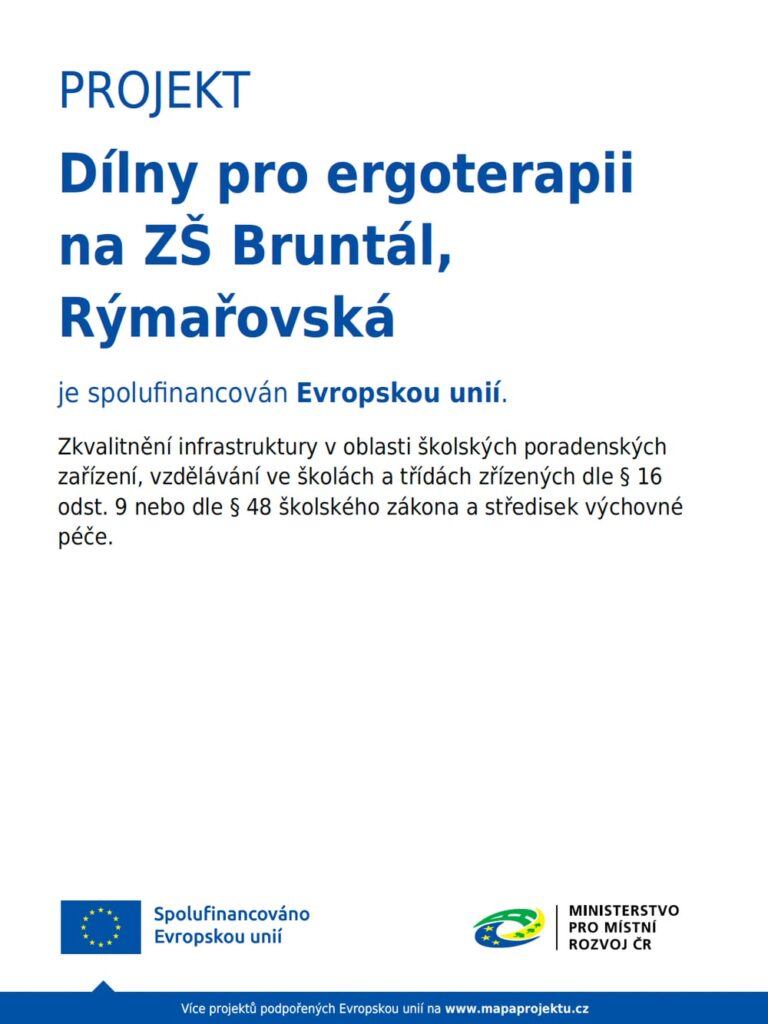 Plakát projektu Dílny pro ergoterapii na ZŠ Bruntál, Rýmařovská